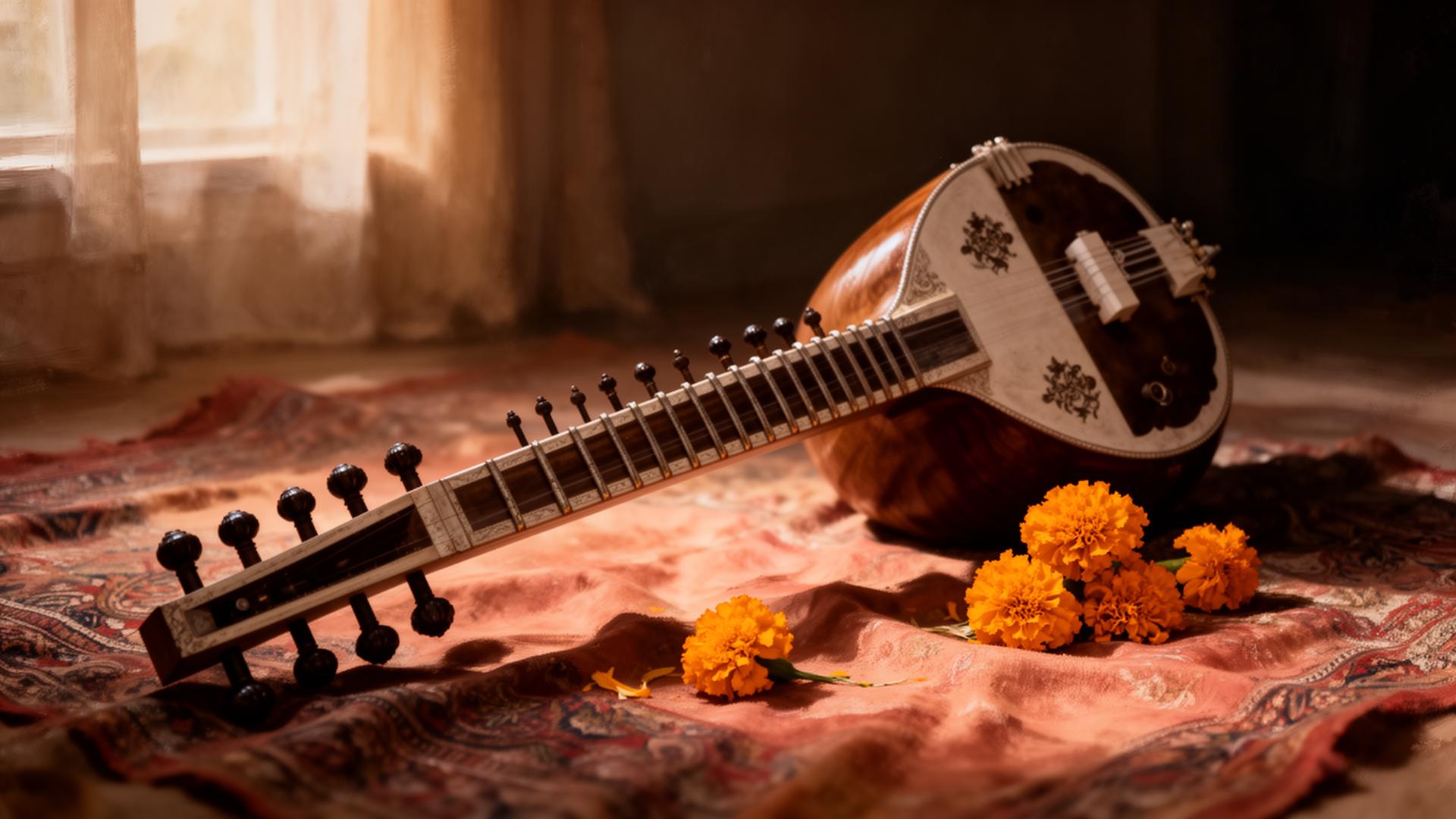A sitar resting on a hand-woven textile with marigold flowers, lit by soft window light